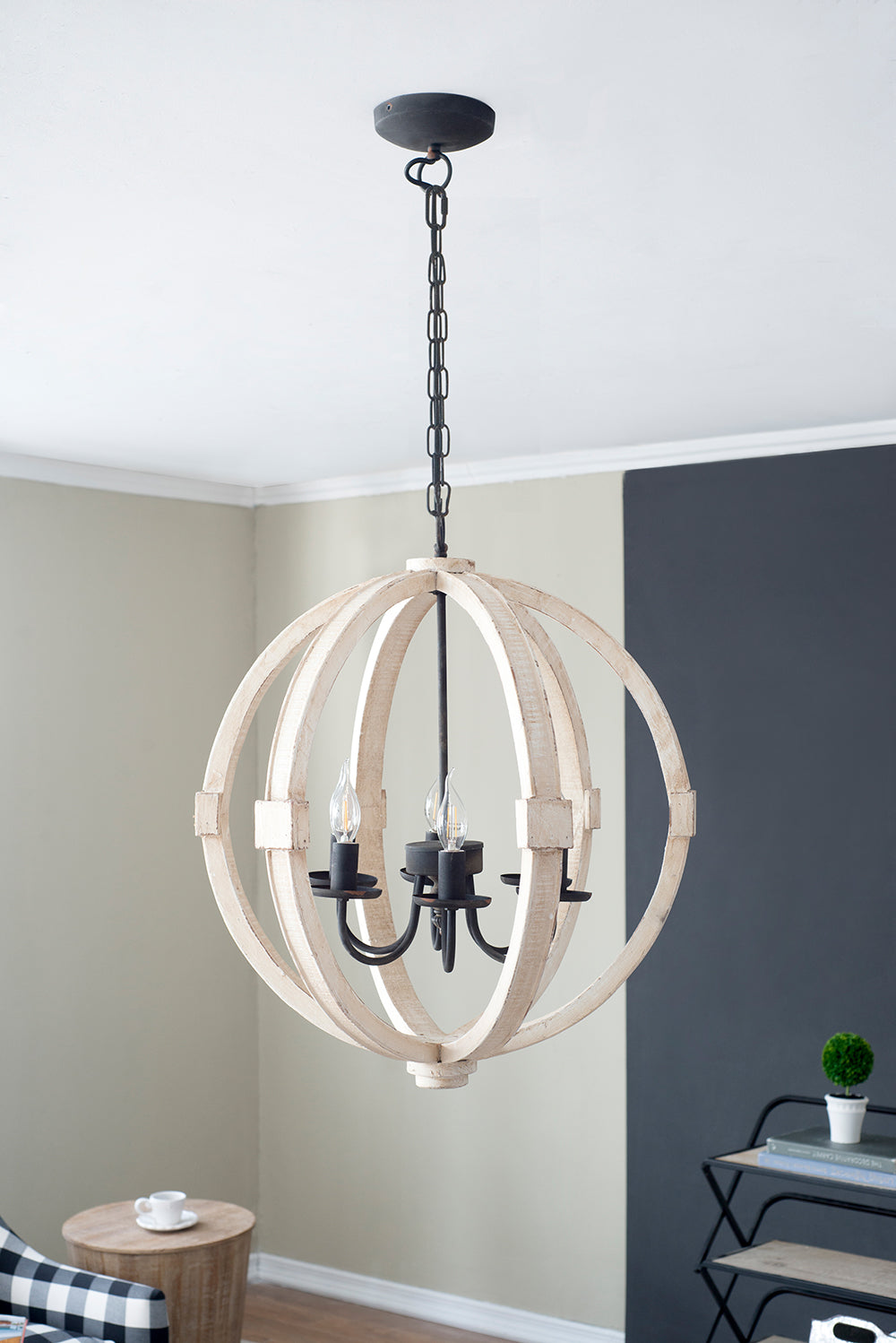 Nordic White Wood 6-Light Electric Candle Round Chandelier