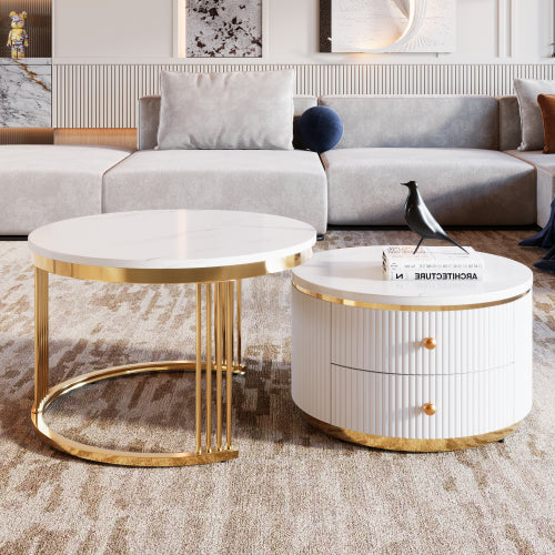 Luxury White Modern Marble and Gold 2-Piece Coffee Table