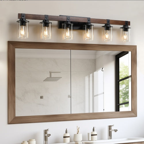 Modern 42 inch Light Bulb Wood and Metal 6-Piece Vanity Light