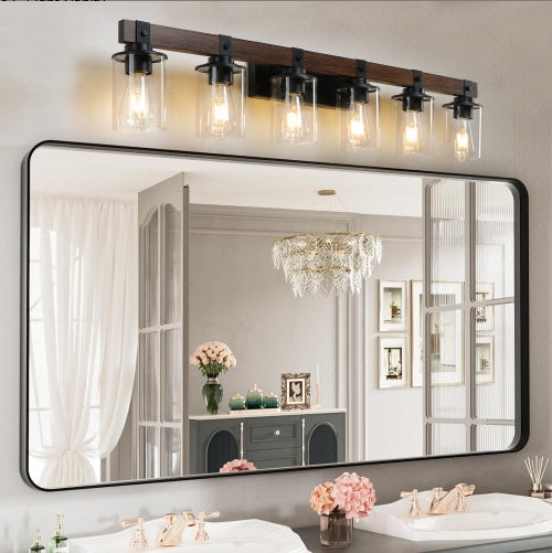 Modern 42 inch Light Bulb Wood and Metal 6-Piece Vanity Light