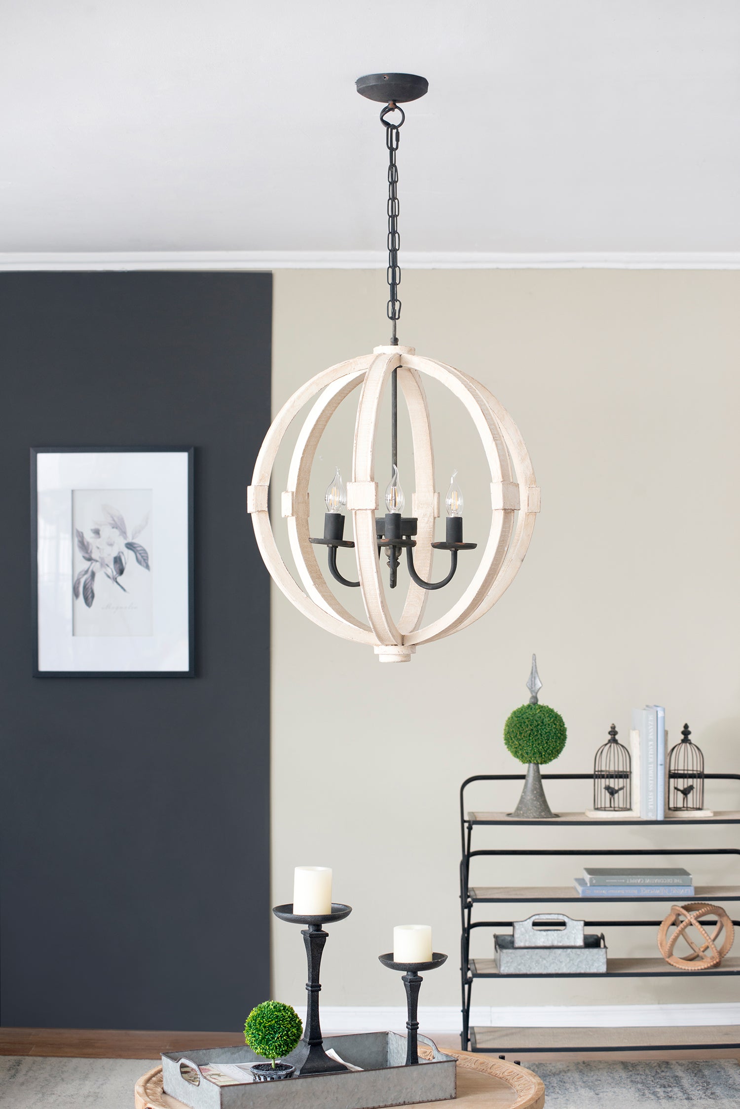 Nordic White Wood 6-Light Electric Candle Round Chandelier