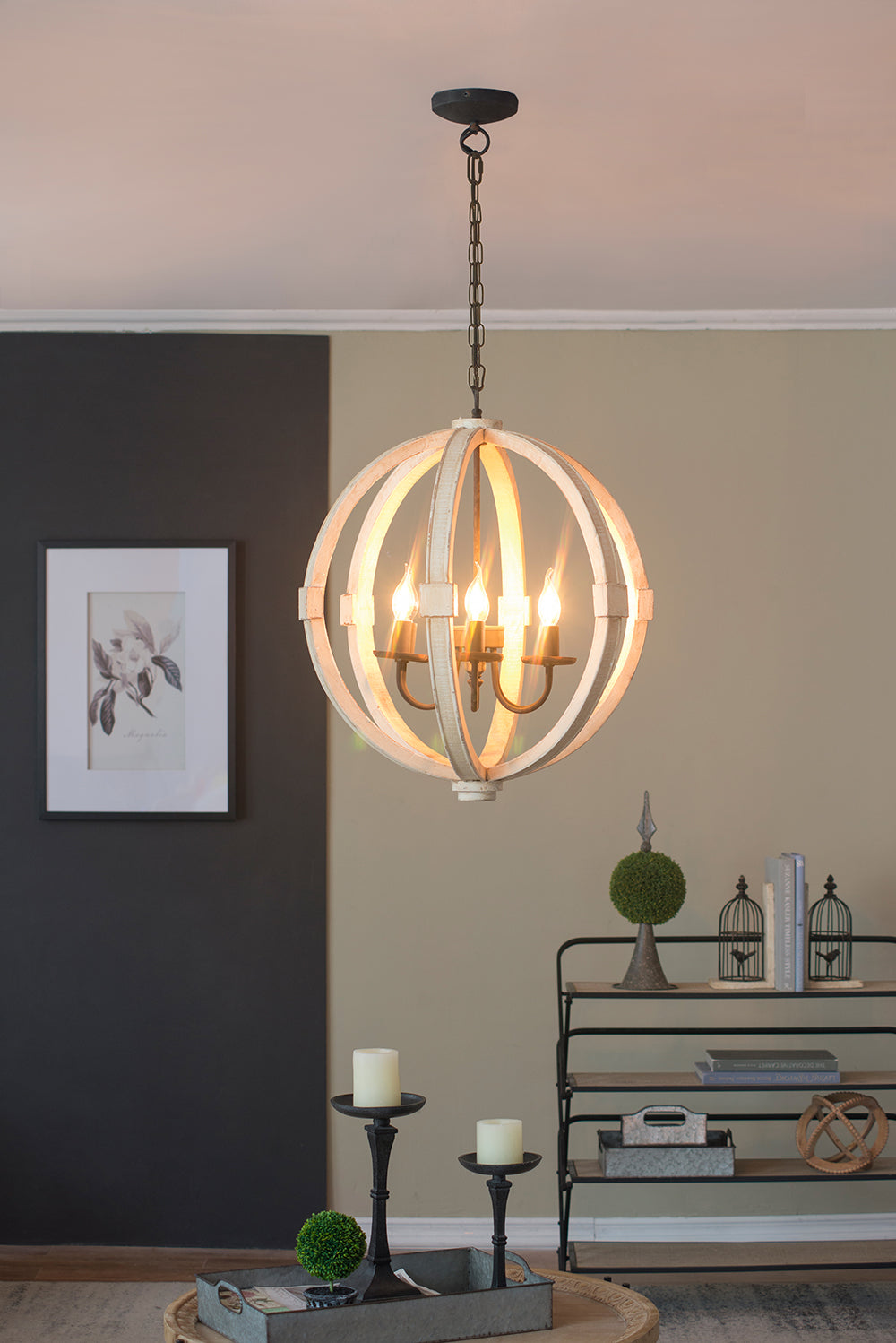 Nordic White Wood 6-Light Electric Candle Round Chandelier