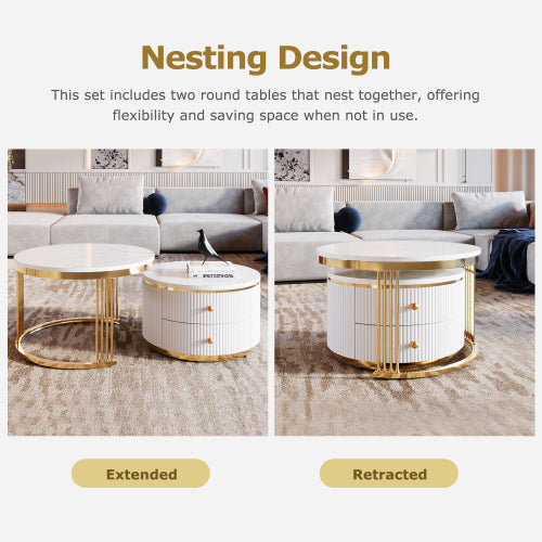 Luxury White Modern Marble and Gold 2-Piece Coffee Table