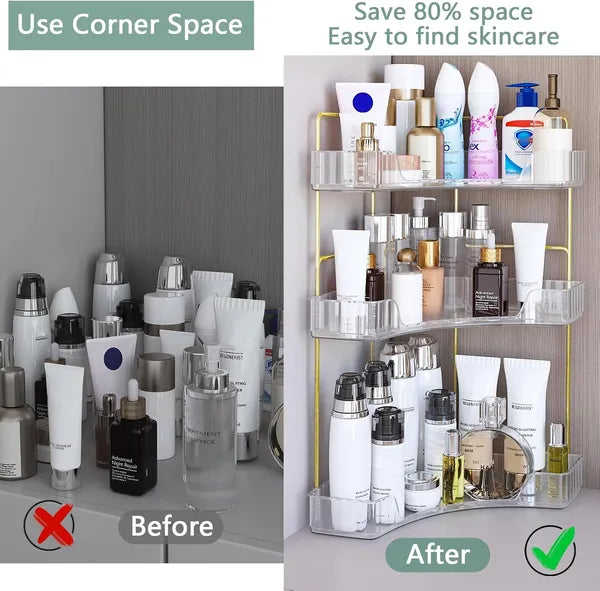Modern Corner Cosmetic See Through Gold Storage Rack