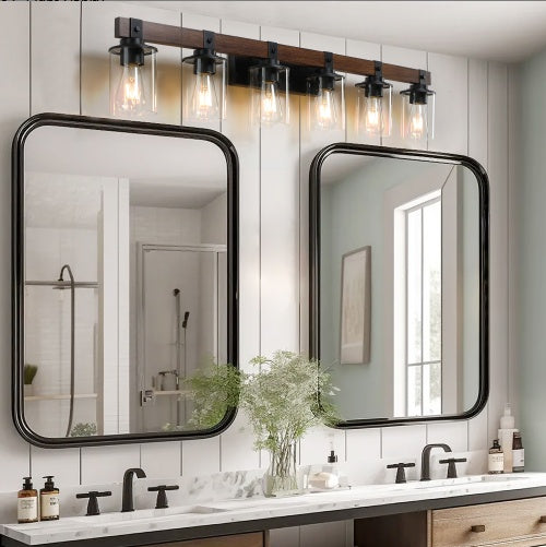 Modern 42 inch Light Bulb Wood and Metal 6-Piece Vanity Light