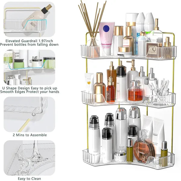 Modern Corner Cosmetic See Through Gold Storage Rack
