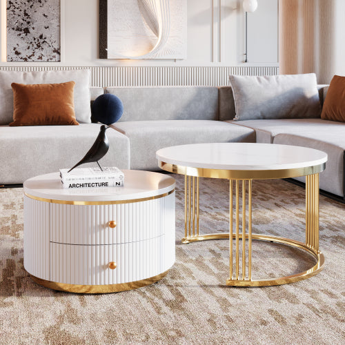Luxury White Modern Marble and Gold 2-Piece Coffee Table