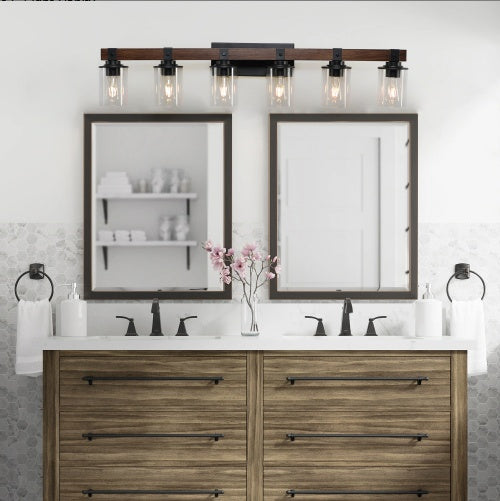 Modern 42 inch Light Bulb Wood and Metal 6-Piece Vanity Light