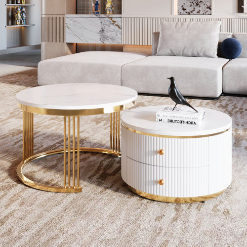 Luxury White Modern Marble and Gold 2-Piece Coffee Table