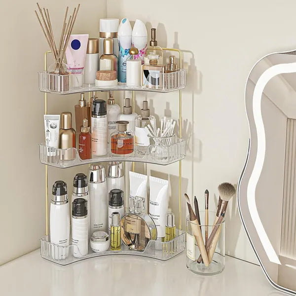 Modern Corner Cosmetic See Through Gold Storage Rack